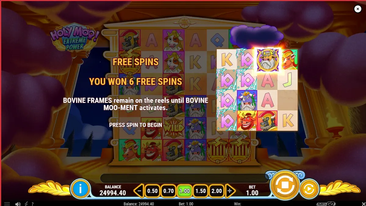 Tampilan visual slot Holy Moo! Extreme Power dengan karakter sapi dewa yang lucu
