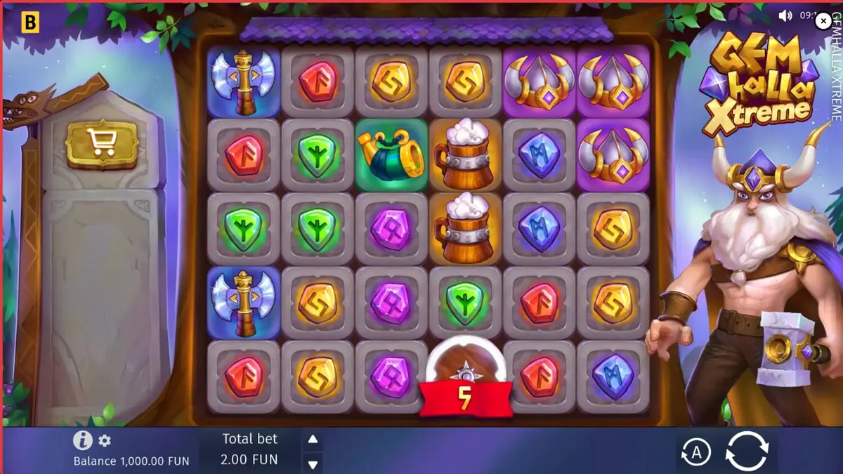 Tampilan antarmuka seluler slot Gemhalla Xtreme dengan tema mitologi Norse