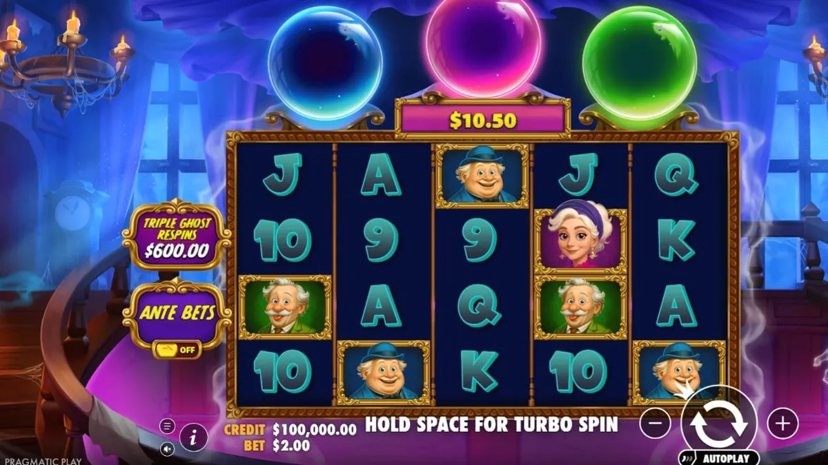 Tampilan visual slot Great Ghosts dengan tema mansion berhantu dan bola kristal.