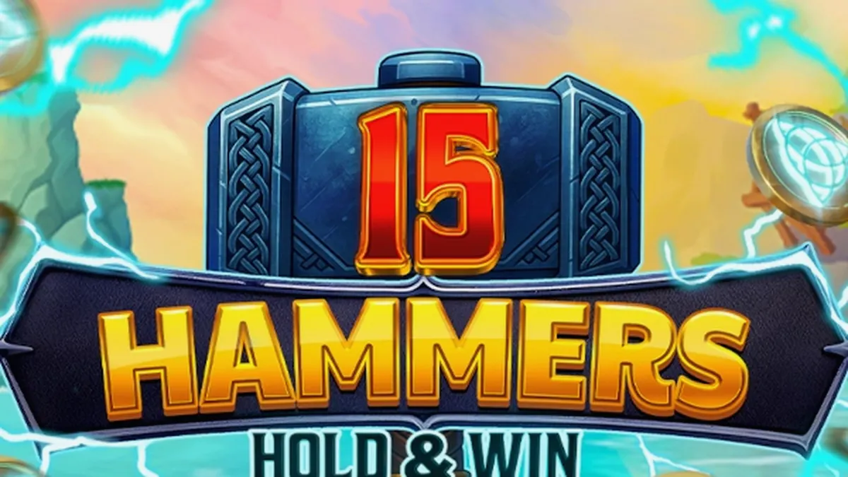 Tampilan visual slot 15 Hammers: Hold & Win dengan latar belakang bertema palu.